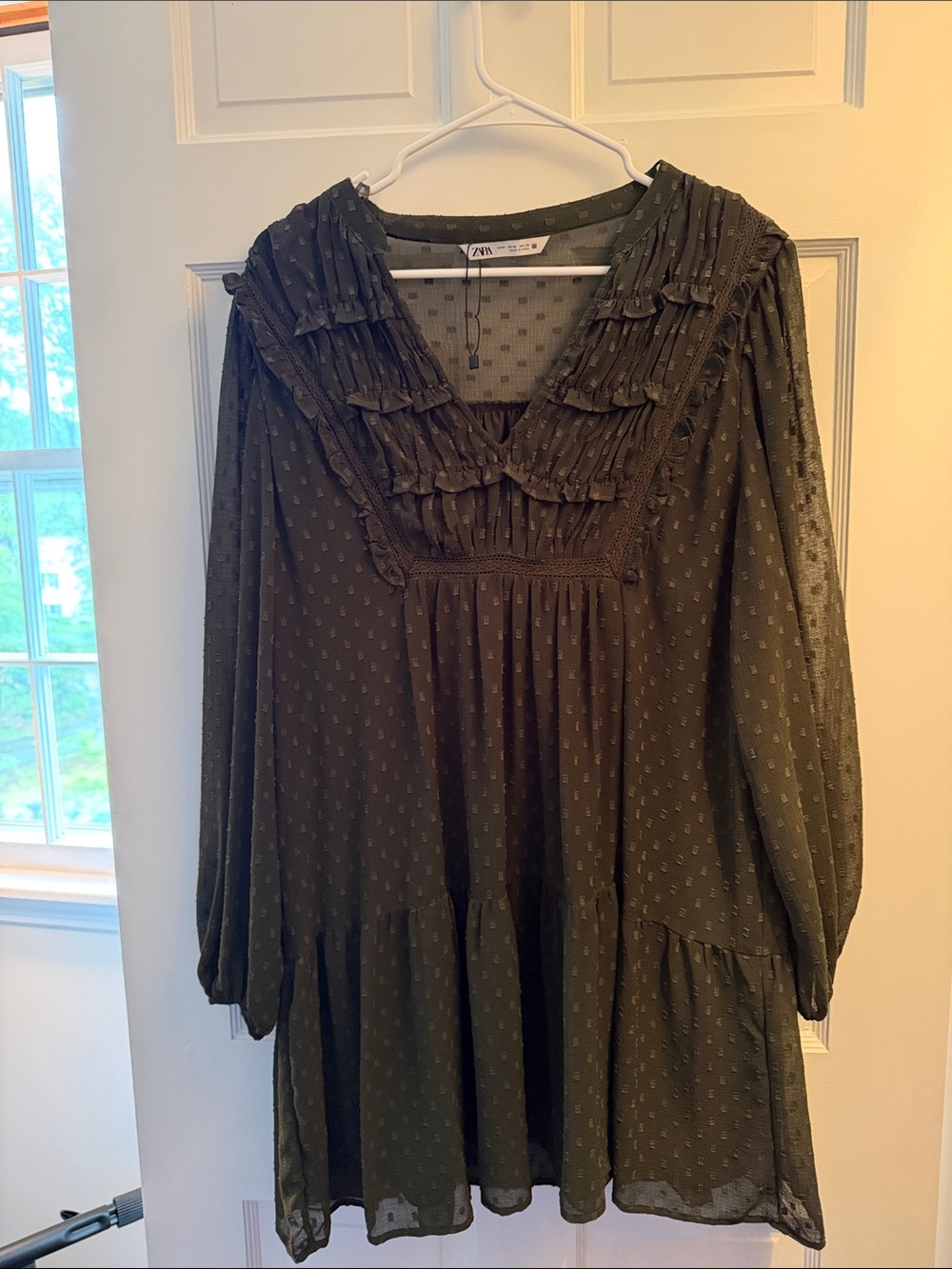 Zara Olive Green Ruffle Swiss Dot Mini Dress